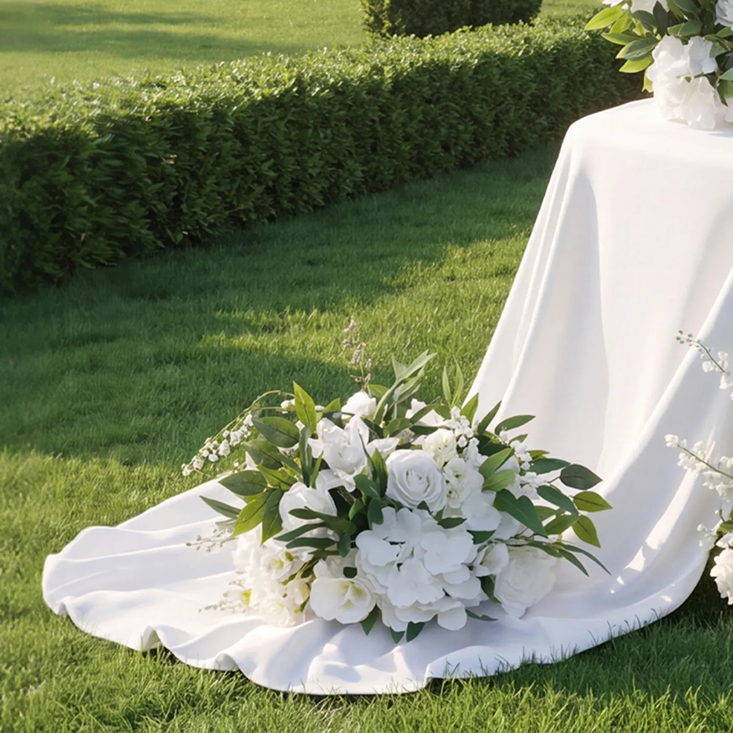 White & Green Curated Garden Wedding Decor | Arch, Ground Flowers & Table Flowers