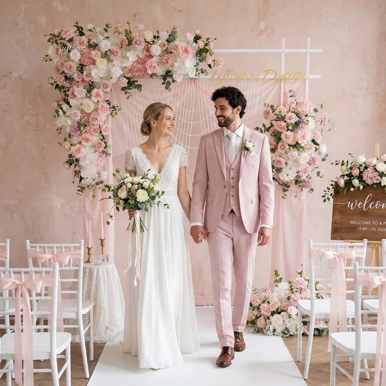 Uflower Wedding Backdrop Pink Rose Green Leaf Floral Arrangement SET80