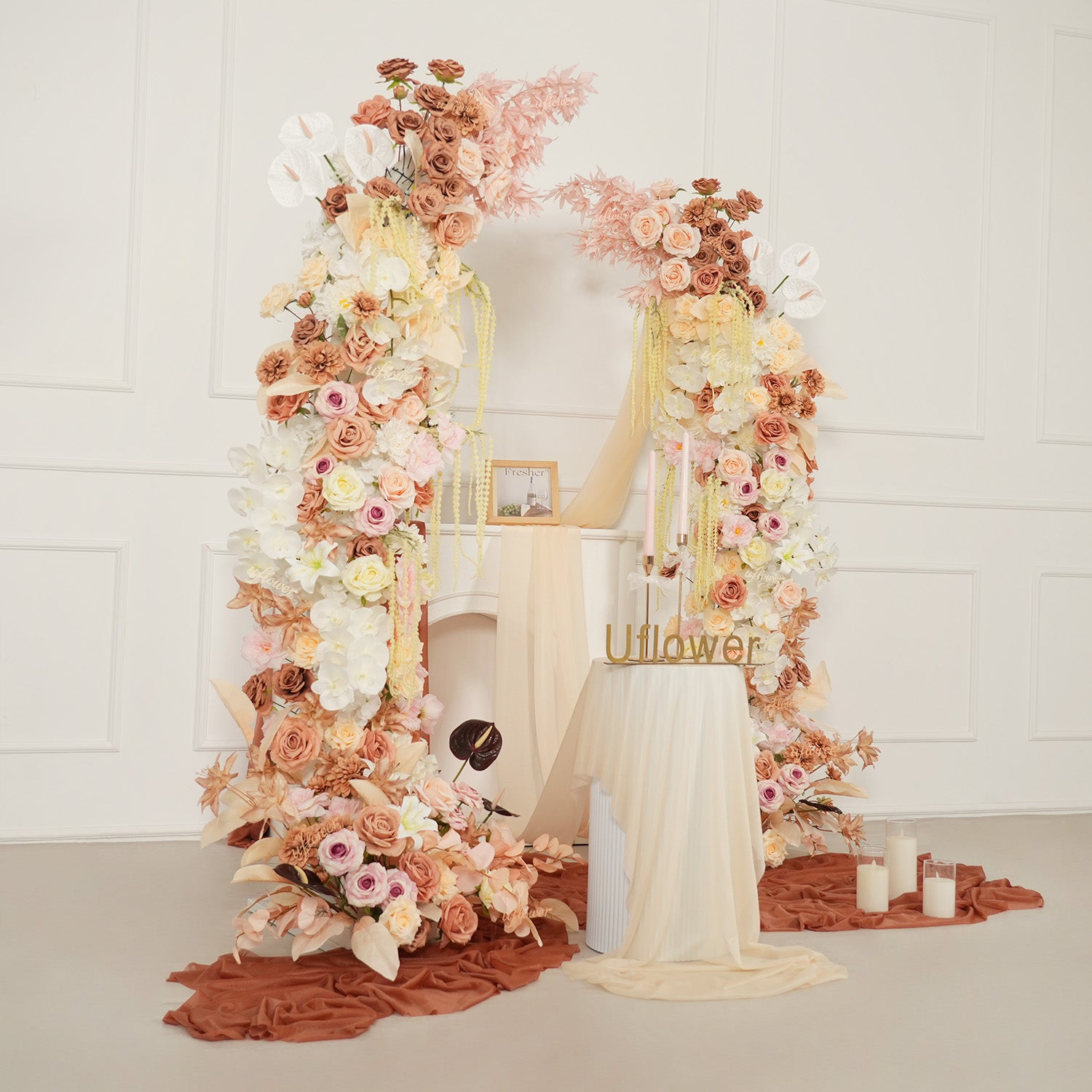 Uflower Terracotta Blush Floral Horn Arch Wedding Party Backdrop Decor SET80222
