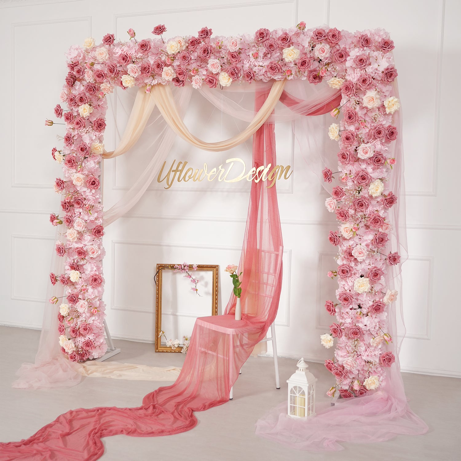 Uflower Pink Rose Floral Square Arch Wedding Party Backdrop Decoration SET80236