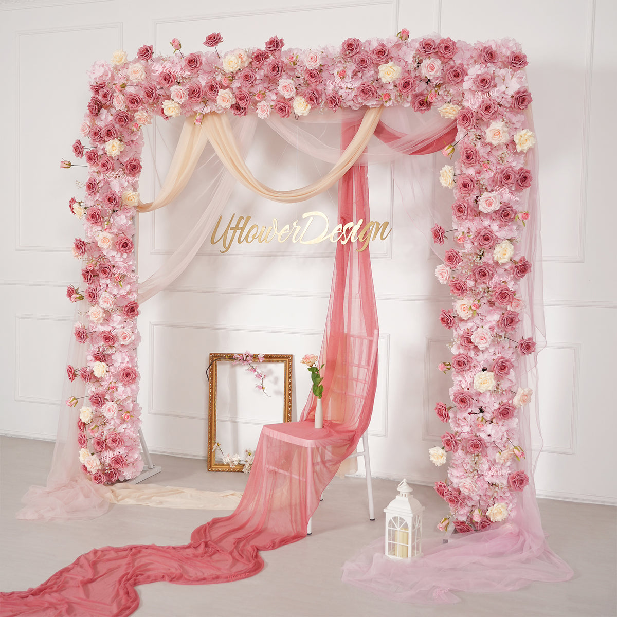 Uflower Pink Rose Floral Square Arch Wedding Party Backdrop Decoration SET80236