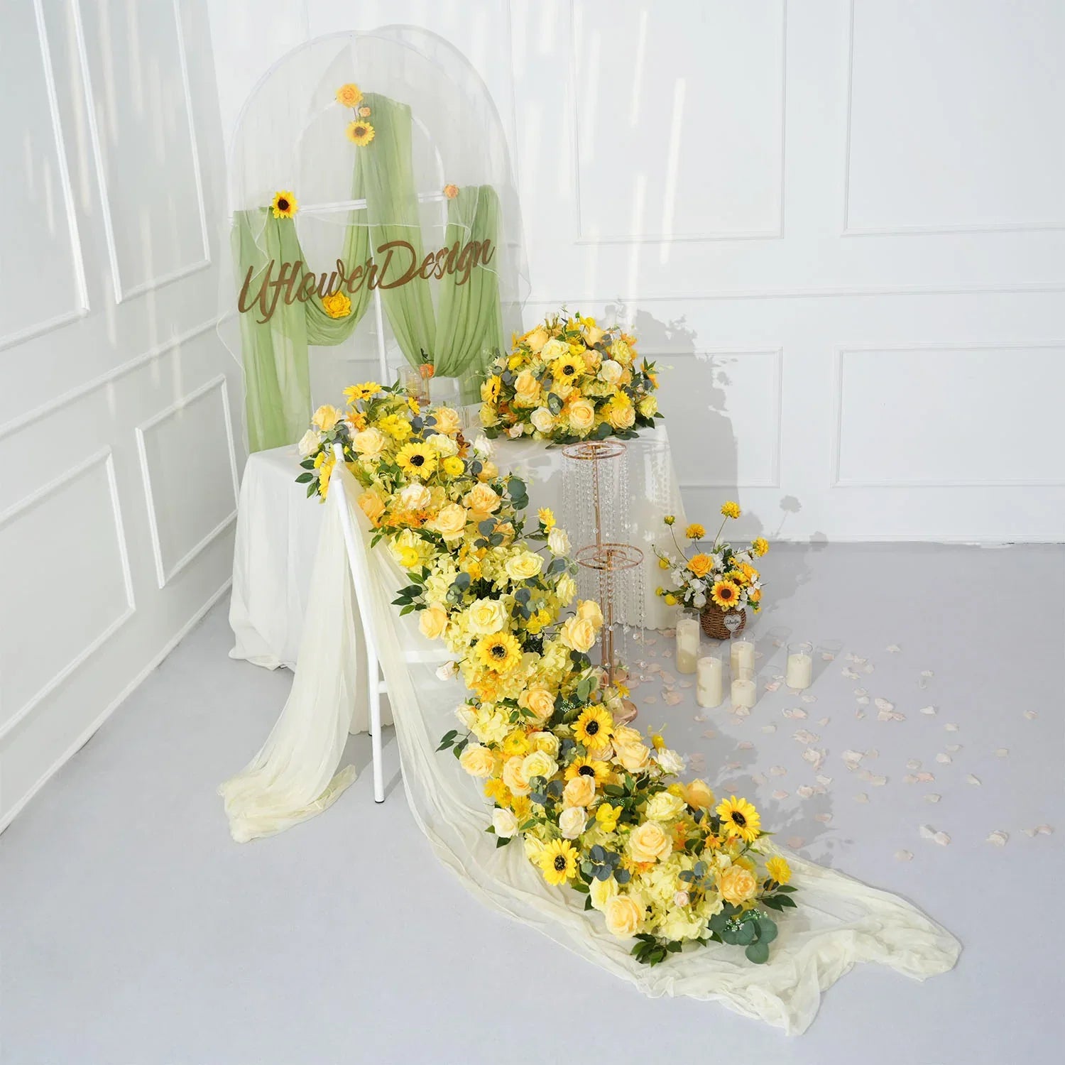 Uflower Yellow Rose Sunflower Table Runner Sofa Floral Wedding Backdrop Decor SET80150 - Uflower