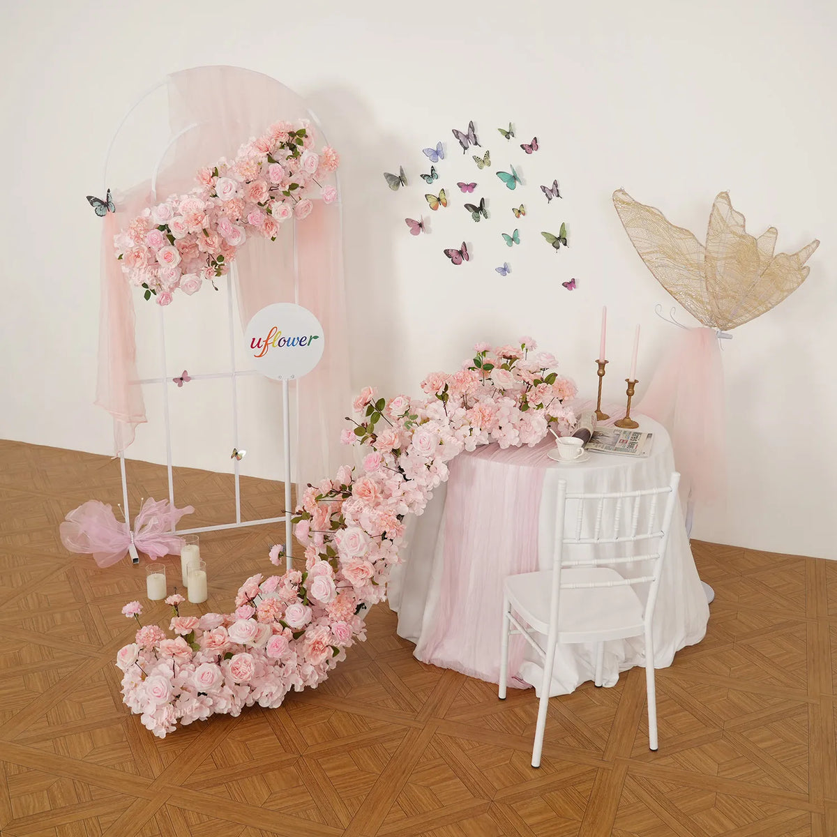 Chemin de table rose Uflower, décor floral de canapé, toile de fond de mariage SET80213