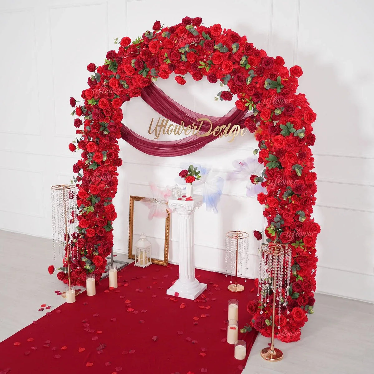 Uflower Red Rose Greenery Floral Door Arch Wedding Party Backdrop Decoration SET80174 - Uflower