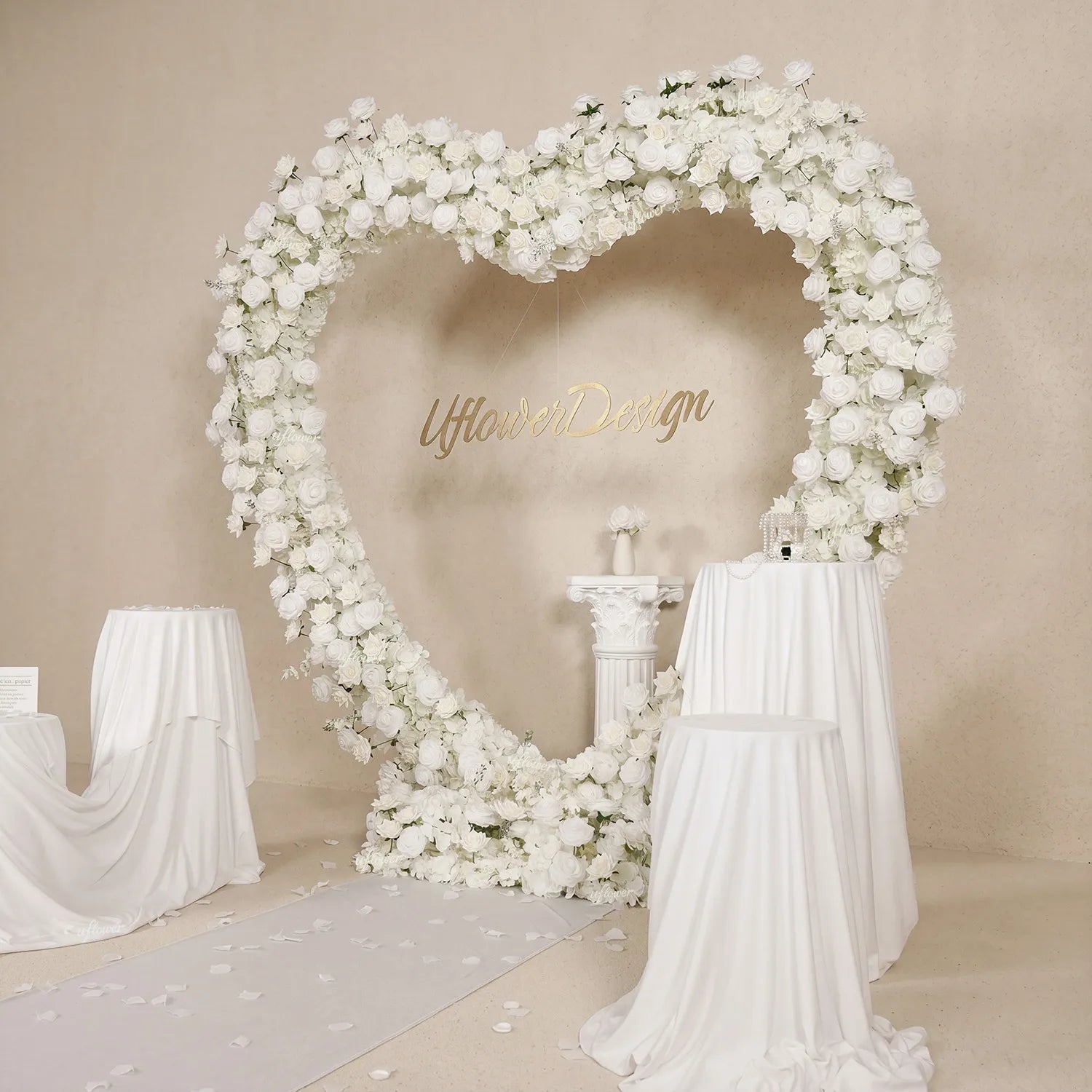 Uflower Artificial White Rose Heart Arch Wedding Decor SET80247-02