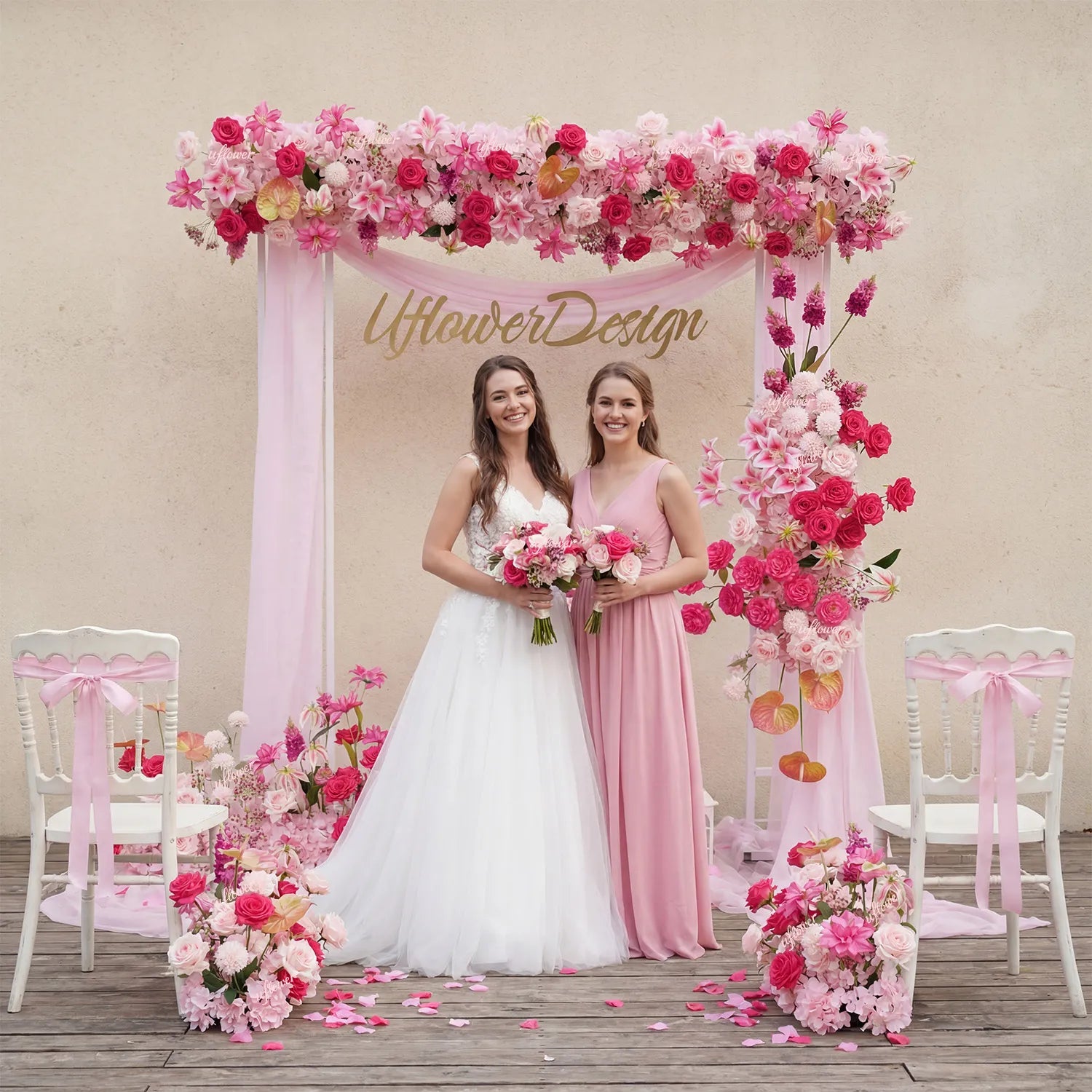 Uflower Rose Pink Floral Arrangement Wedding Backdrop Floral Props SET80193