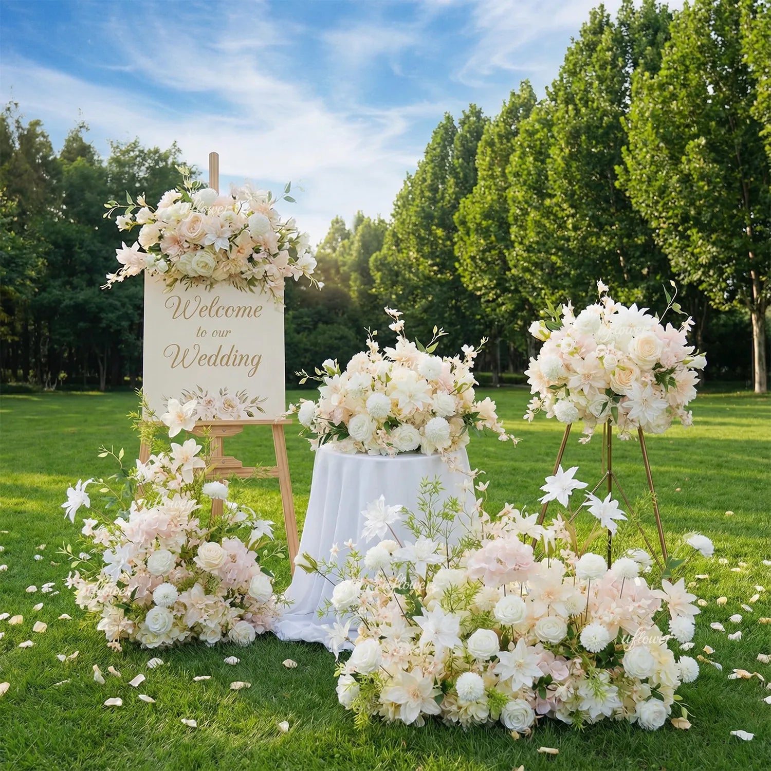 Uflower Artificial White Pink Wedding KT Backdrop Flower Row Decor SET80091