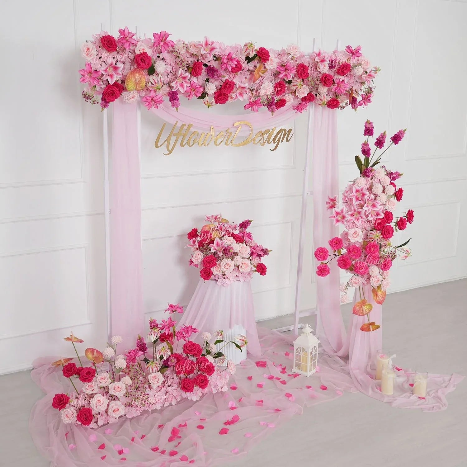 Uflower Rose Pink Floral Arrangement Wedding Backdrop Floral Props SET80193 - Uflower