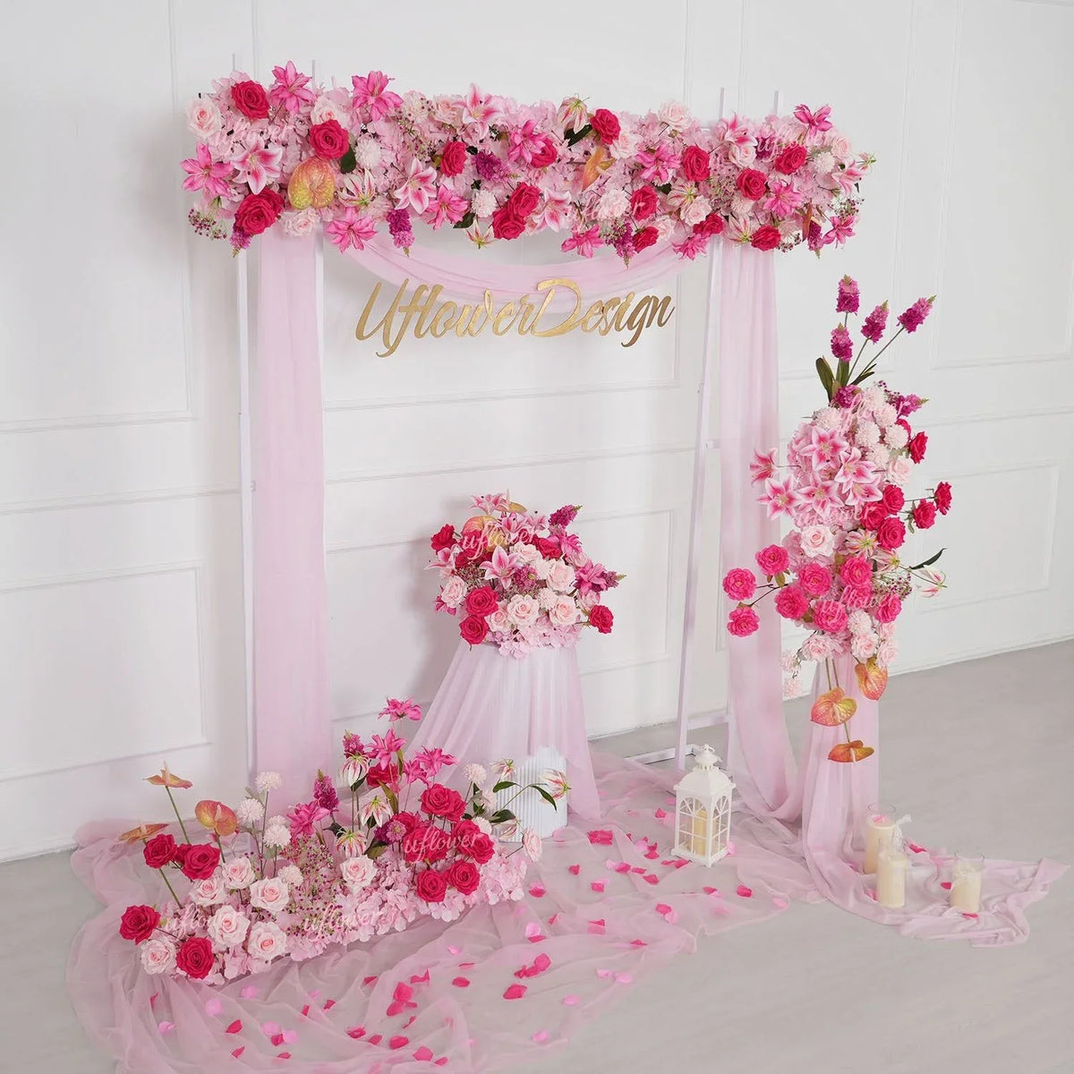 Uflower Rose Pink Floral Arrangement Wedding Backdrop Floral Props SET