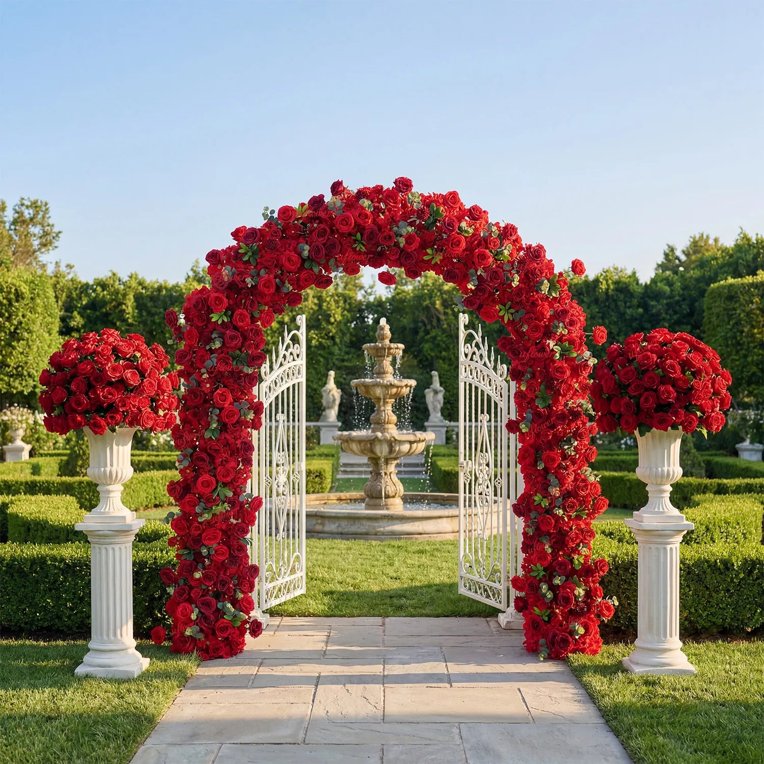 Uflower Red Rose Greenery Floral Door Arch Wedding Party Backdrop Decoration SET80174