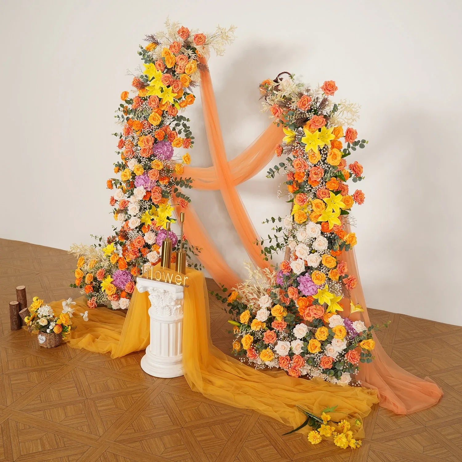 Uflower Orange Yellow Flower Horn Arch Wedding Party Birthday Backdrop Decor SET80139 - Uflower