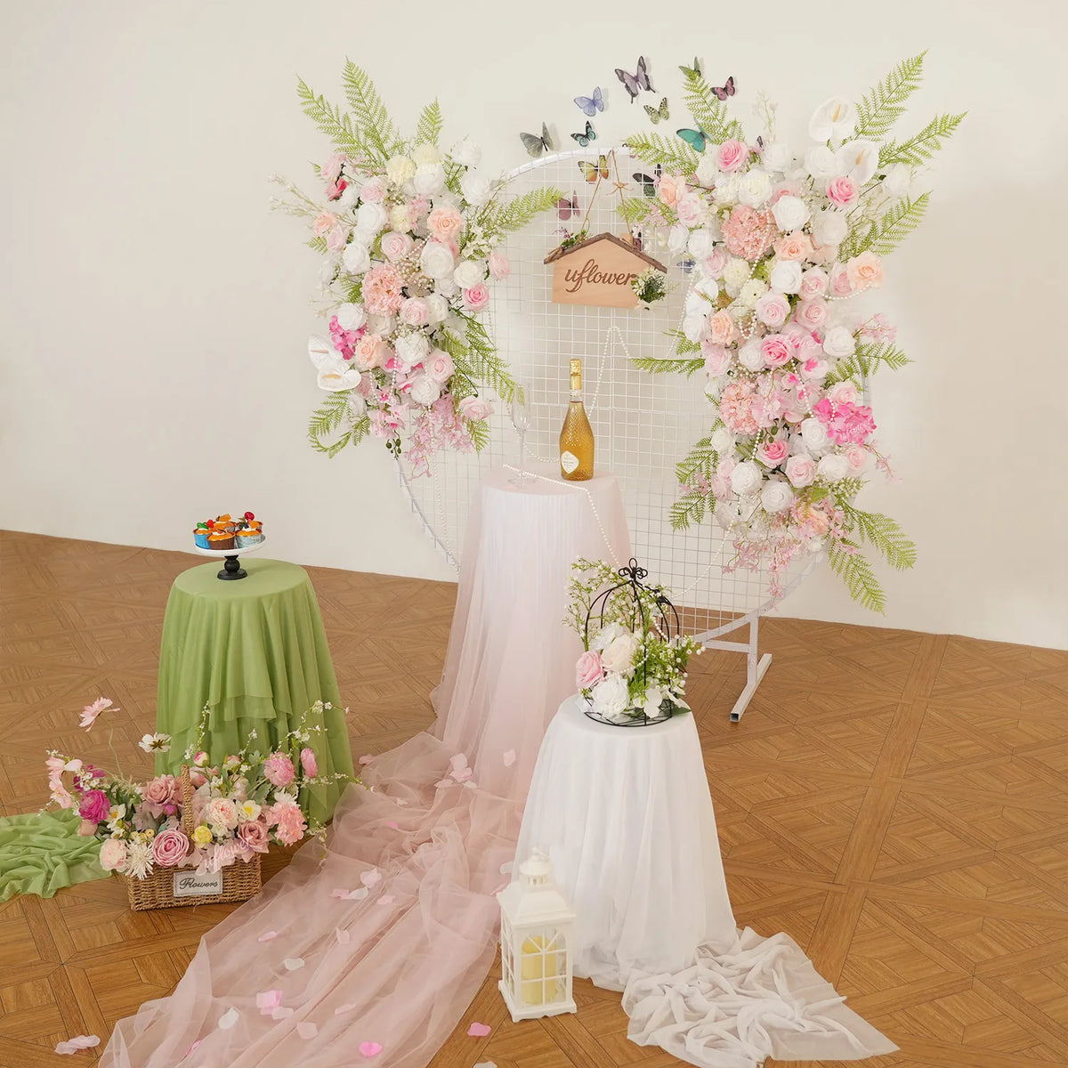 Uflower White Pink Floral Arrangement Wedding Party Arch Backdrop Decor SET80216