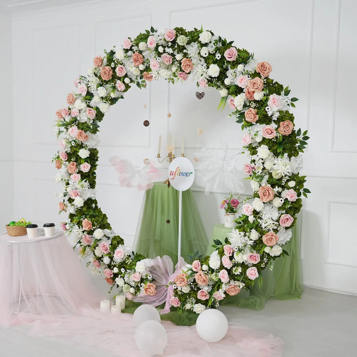 Uflower Pink White Greenery Flower Arrangement Table Runner Round Arch SET80201 - Uflower