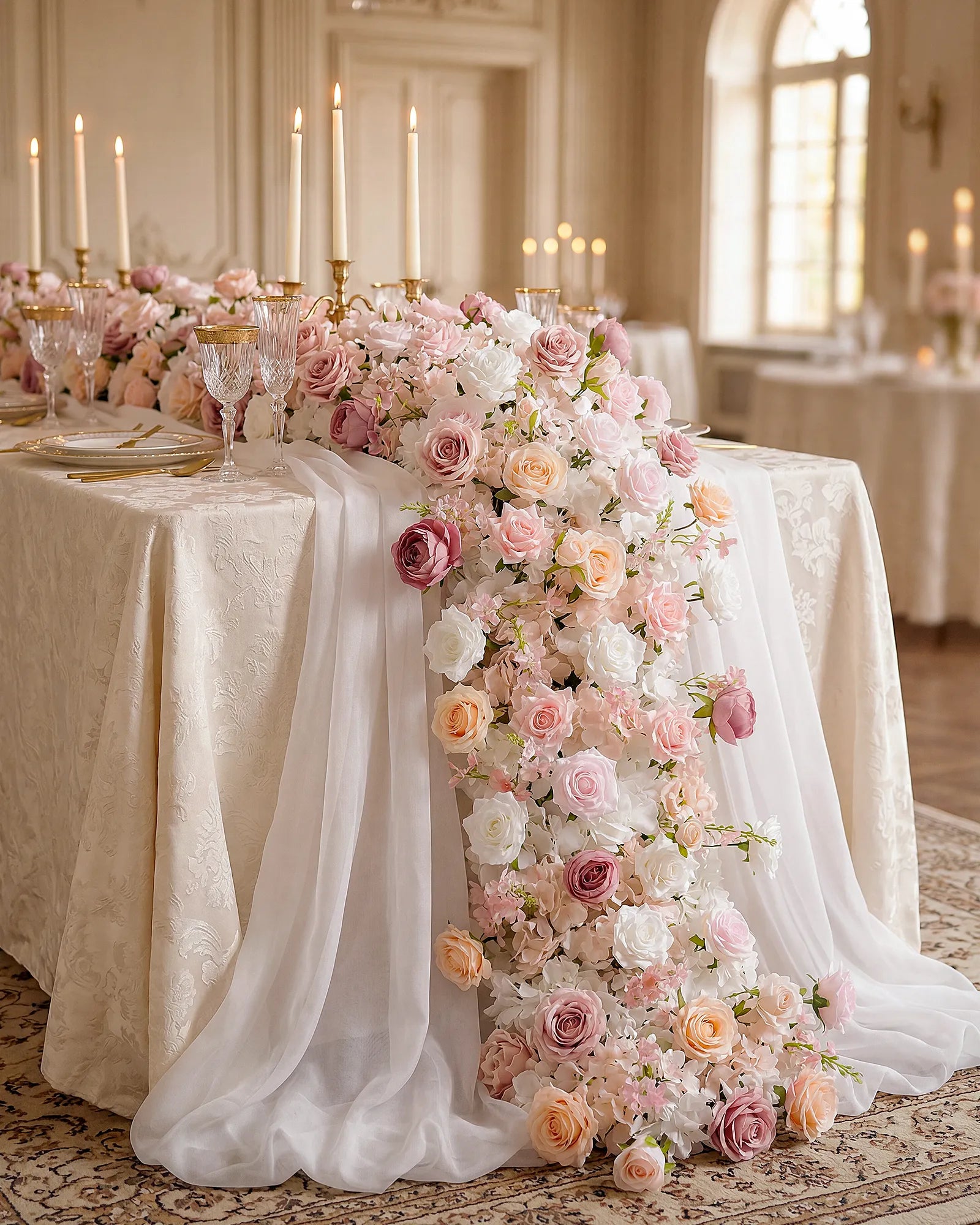 Uflower 200cm Pastel Pink & White Flower Row with Drapes MC89003-02