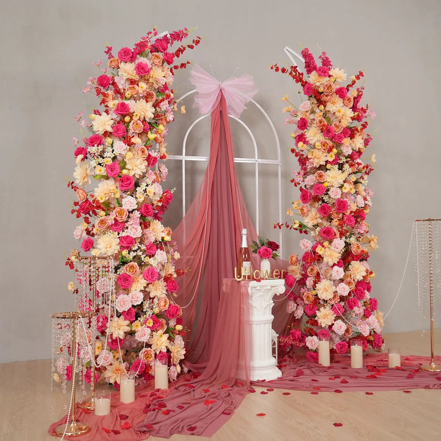 Uflower Champagne Pink Flower Horn Arch Wedding Party Birthday Backdrop Decor SET80176-02 - Uflower