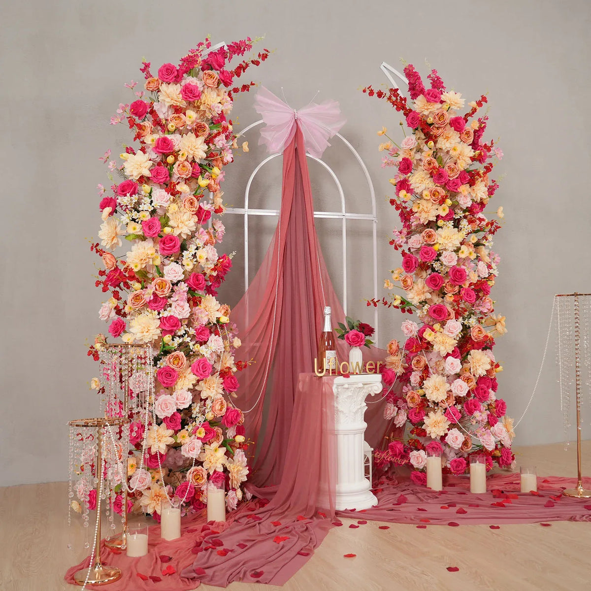 Uflower Champagne Pink Flower Horn Arch Wedding Party Birthday Backdrop Decor SET80176-02 - Uflower