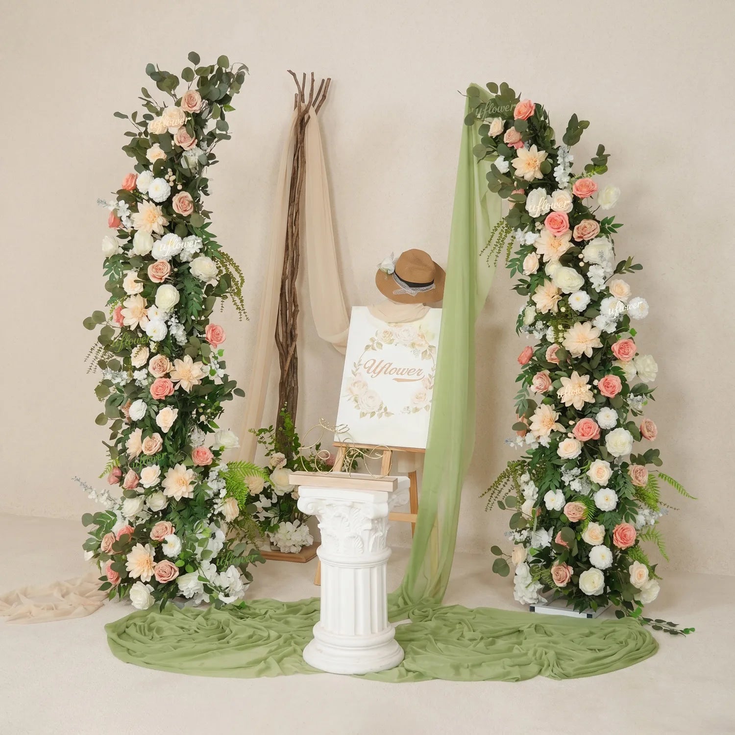 Uflower Pink White Greenery Horn Arch Wedding Backdrop Party Event Decor Props SET80252-01
