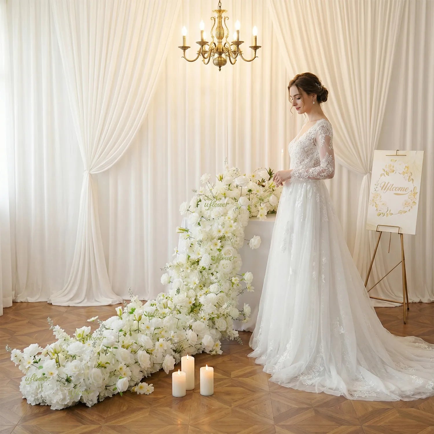 Uflower White Rose Sofa Table Runner Floor Flower Arrangement SET80099