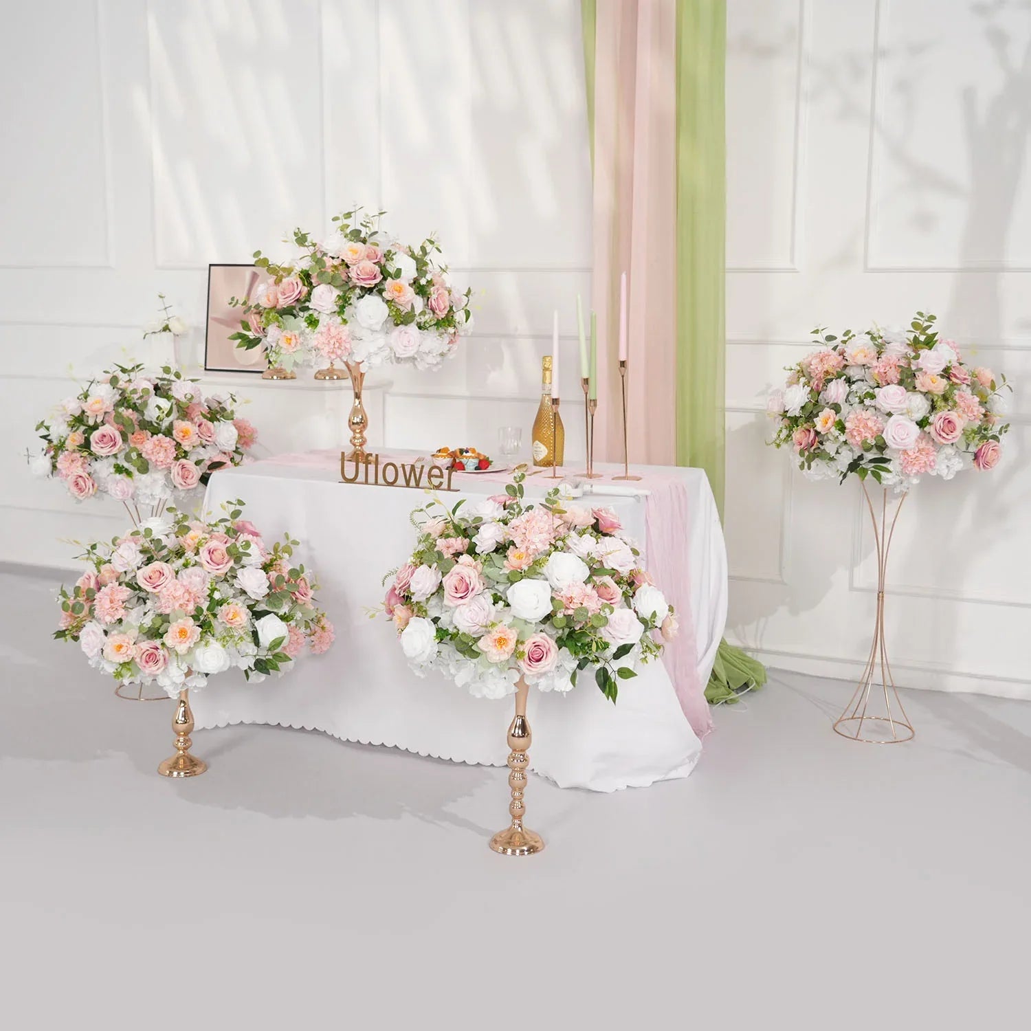 Uflower Pink White Rose Green Leaf Table Centerpieces Floral Ball Wedding Decoration MB80070 - Uflower