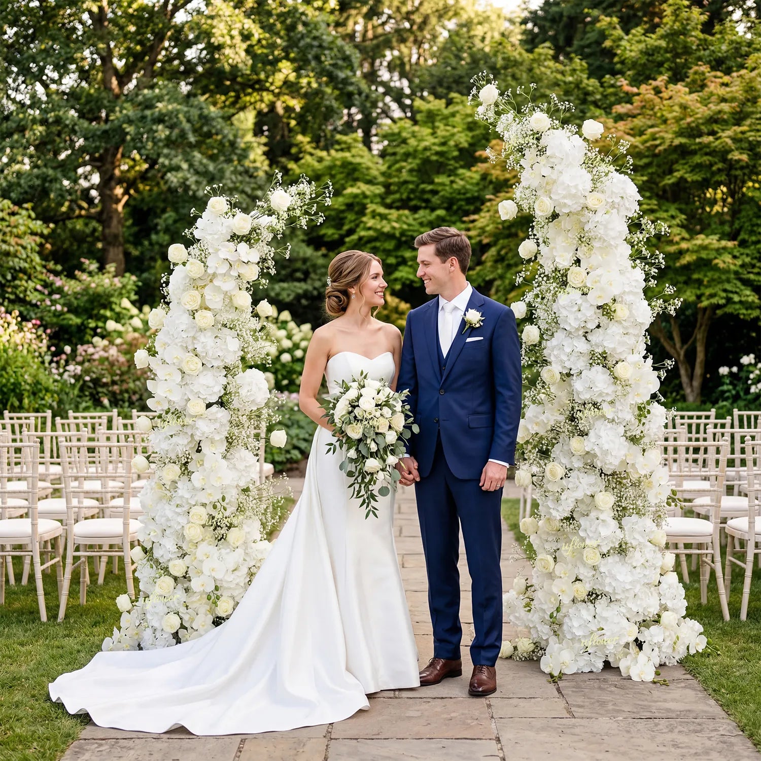 Uflower Baby's Breath White Floral Horn Arch Wedding Party Backdrop Decor SET80231