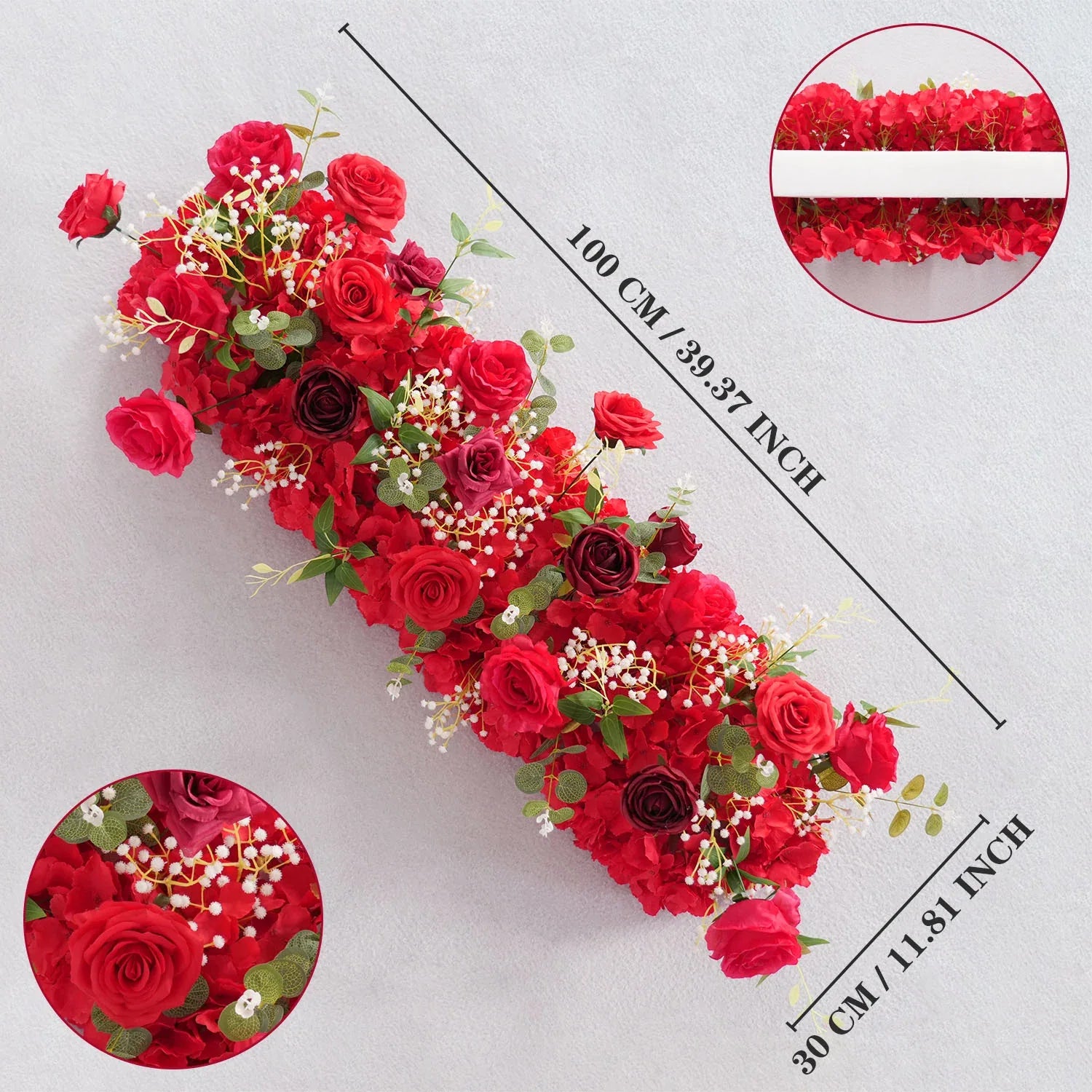 Uflower Artificial Red Rose Babysbreath Green Leaf Flower Row Wedding KT Backdrop Decor MC80131 - Uflower