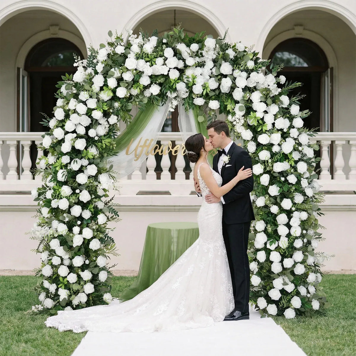 Uflower White Rose Green Leaf Floral Row Decor Wedding Backdrop Door Arch SET80147 - Uflower