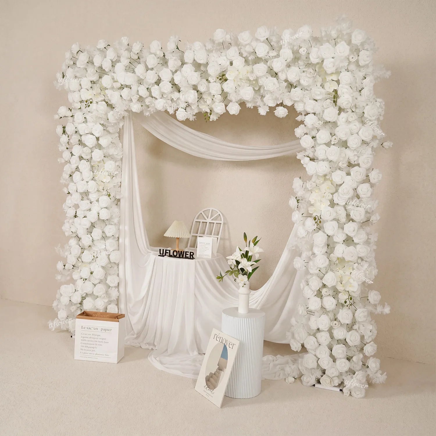 Uflower White Rose Flower Row Wedding Background Square Arch SET80256-01