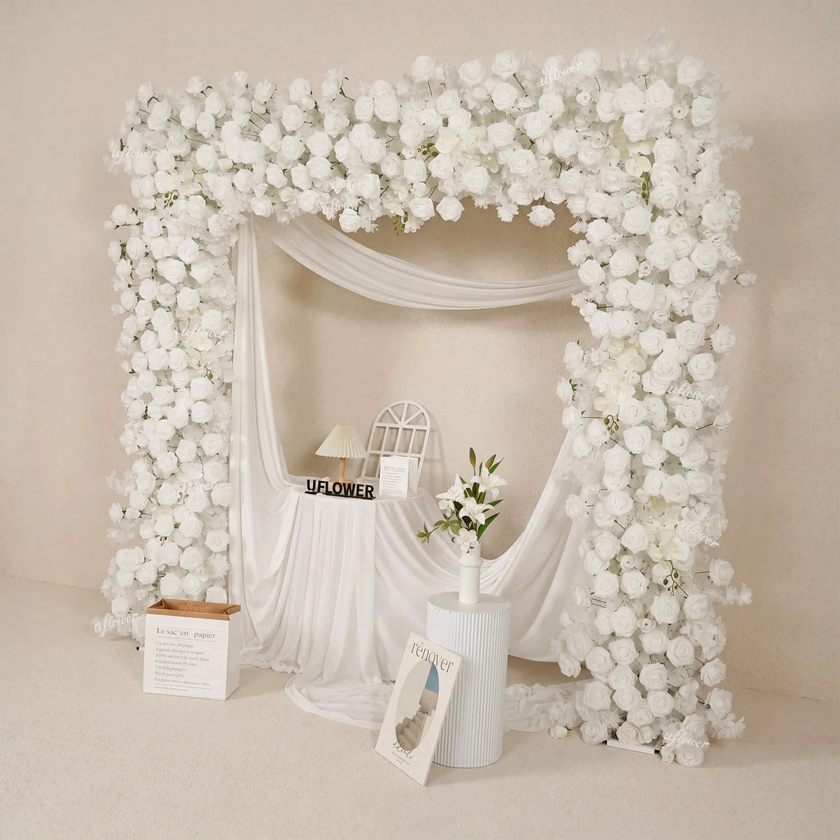 Uflower Rose Blanche Rangée de Fleurs Fond de Mariage Arche Carrée SET80256-01