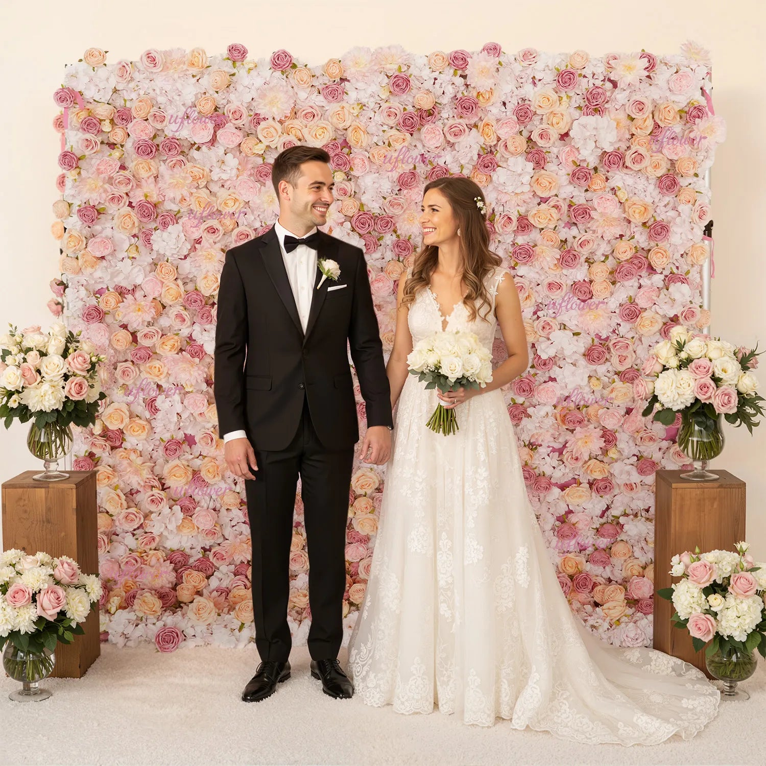 Uflower Artificial Pink Champagne Rose 5D Wedding Flower Wall SET80093