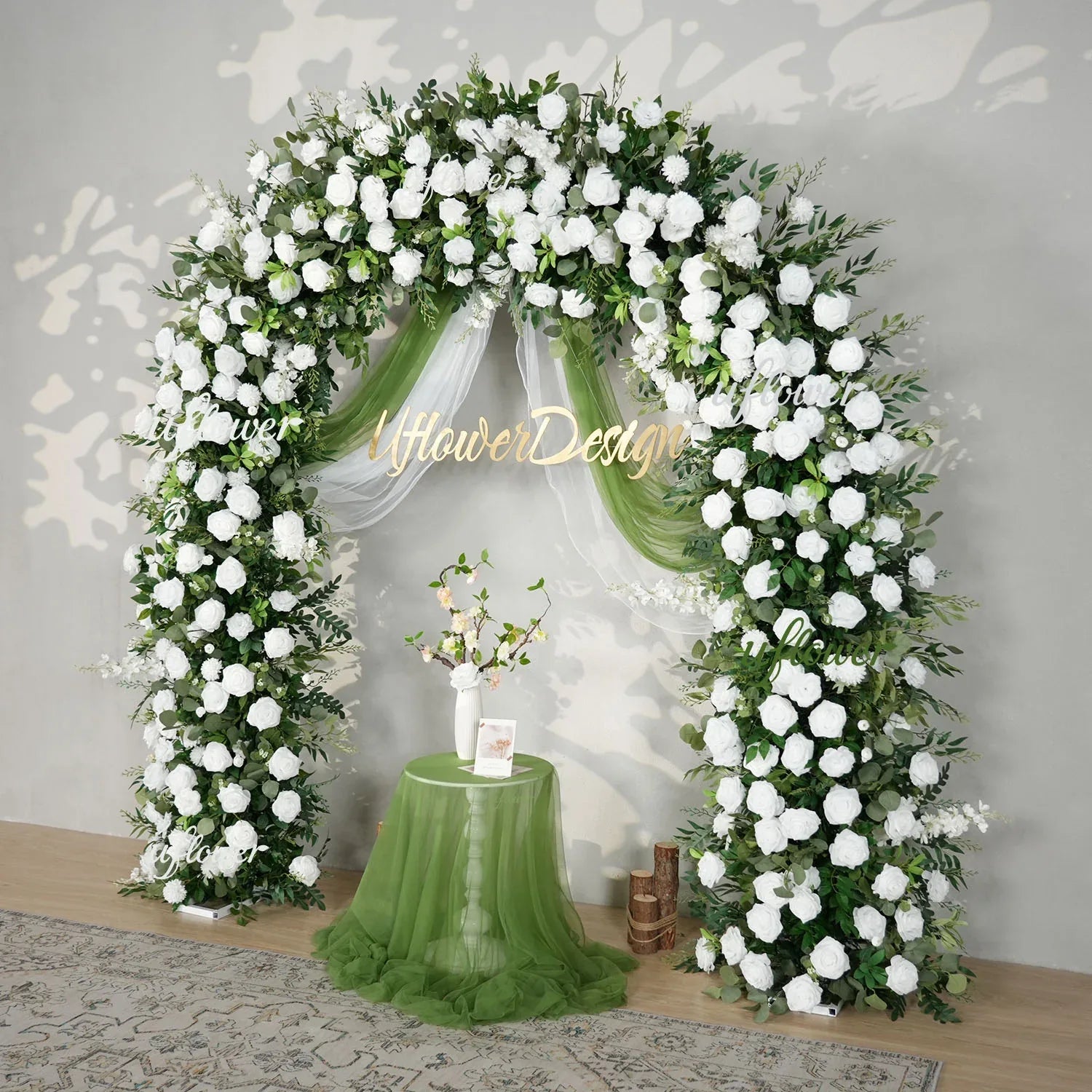 Uflower White Rose Green Leaf Floral Row Decor Wedding Backdrop Door Arch SET80147 - Uflower
