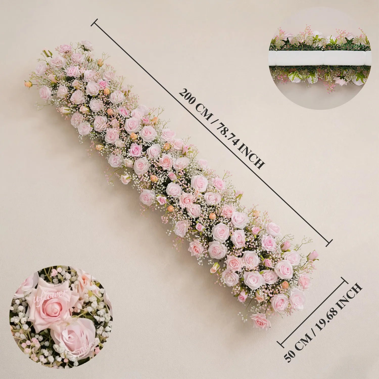 Uflower  Pink Rose&Baby's Breath Flower Row  Table Runner  MC80230-05