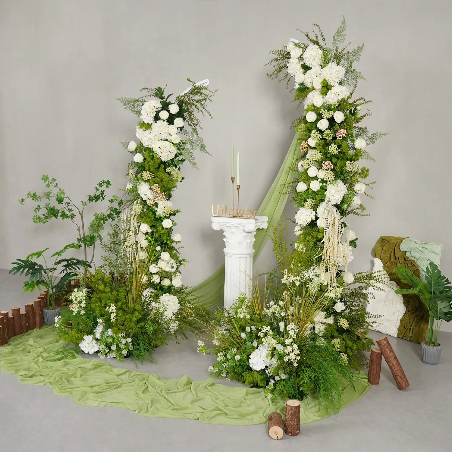 Uflower White Floral Greenery Horn Arch Wedding Party Backdrop Decor SET80220