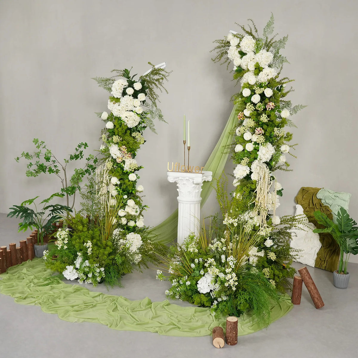 Décor de toile de fond pour fête de mariage en arche florale blanche Uflower, verdure, corne, ENSEMBLE80220
