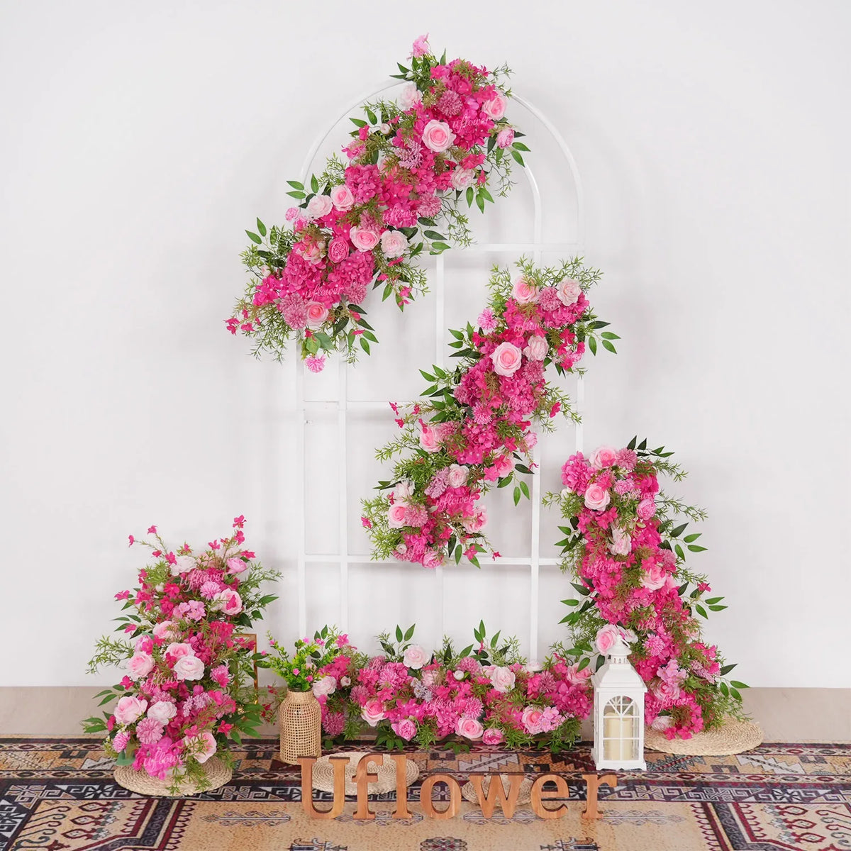 Uflower Pink Rose Green Leaf Wedding Backdrop Floral Arrangement MC80089 - Uflower