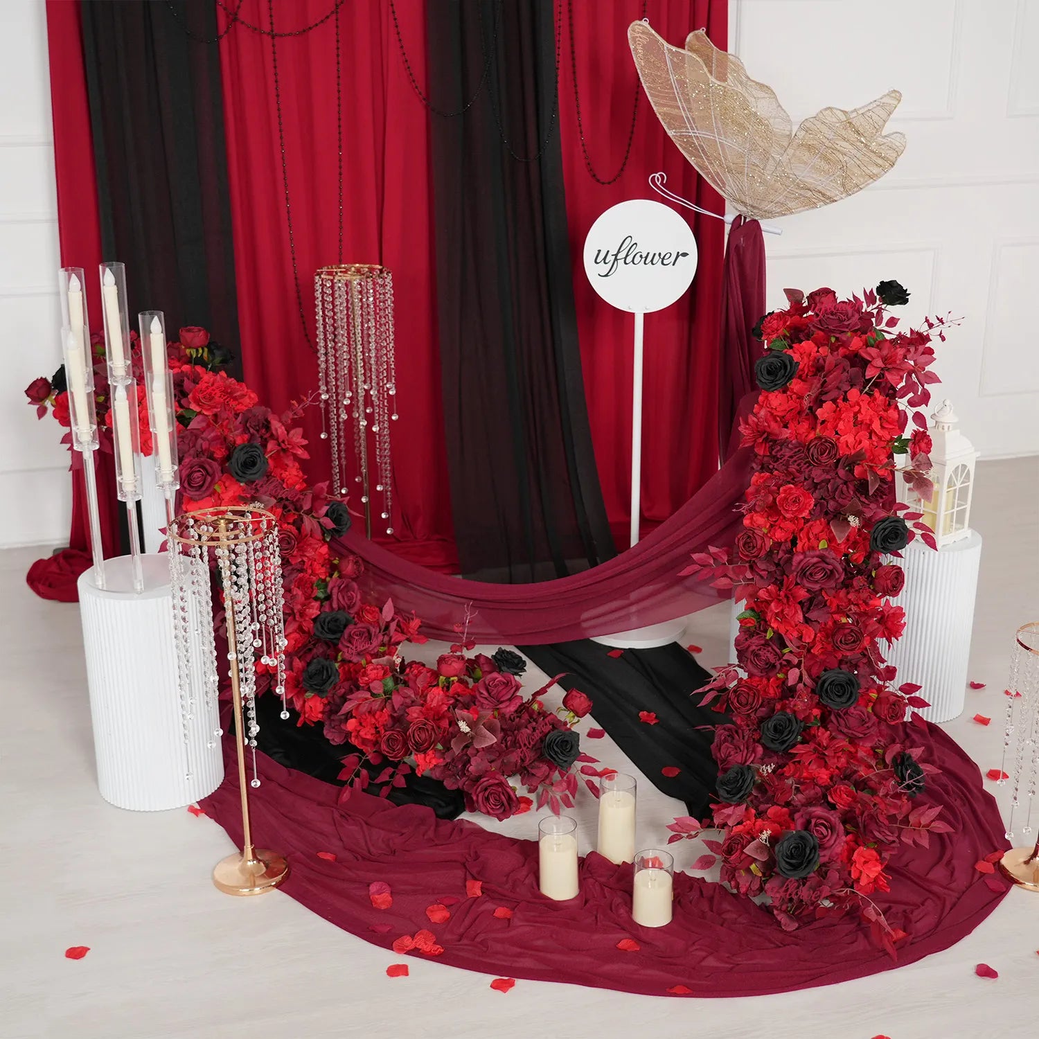 Uflower Red Roses Backdrop Wall Flower Row Wedding Decor MC80210-02