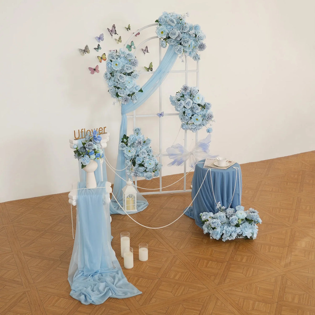 Uflower Blue Flower Wedding Backdrop Arch Floral Arrangement SET80214