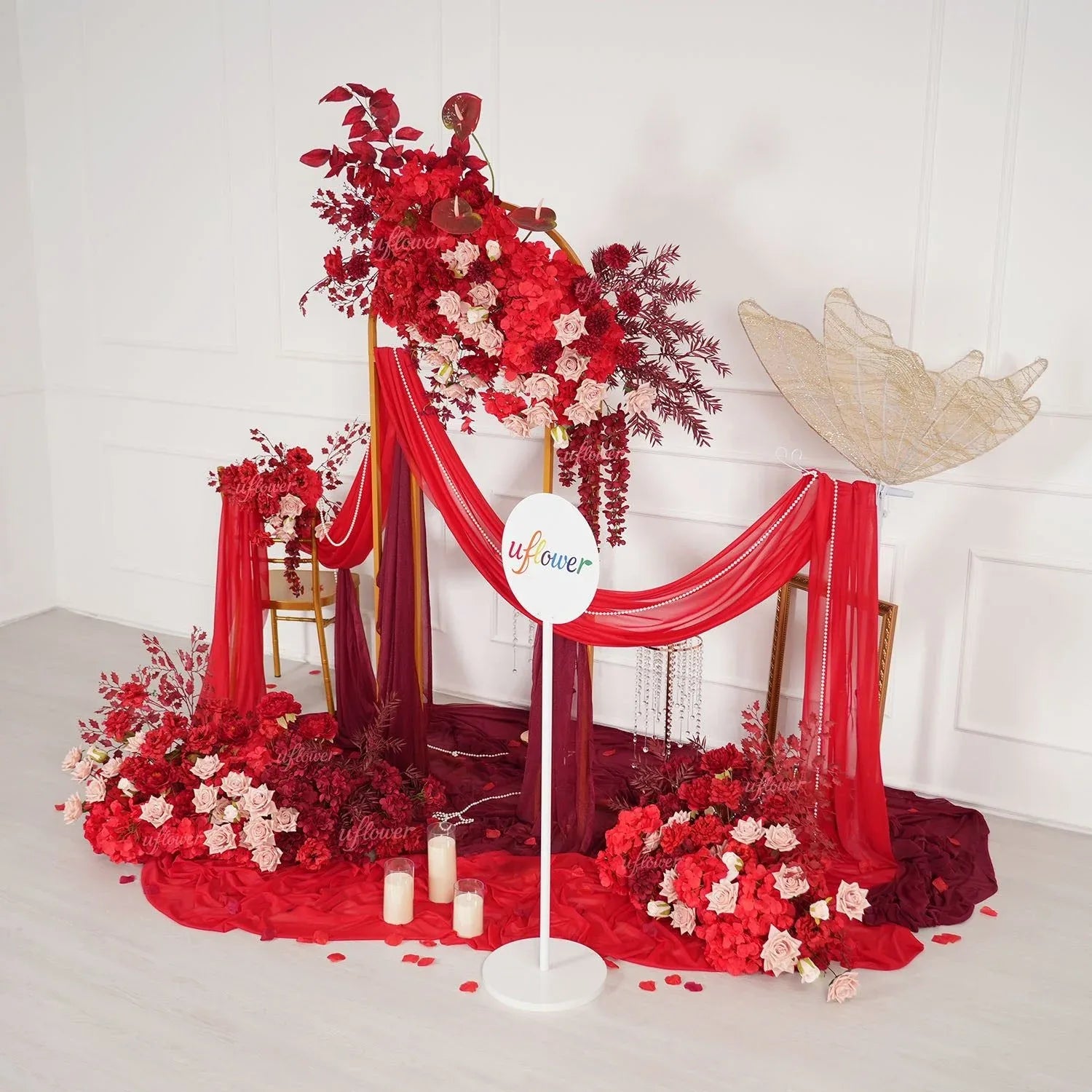 Uflower Red Floral Arrangement Wedding Backdrop Floral Props SET80164-01 - Uflower