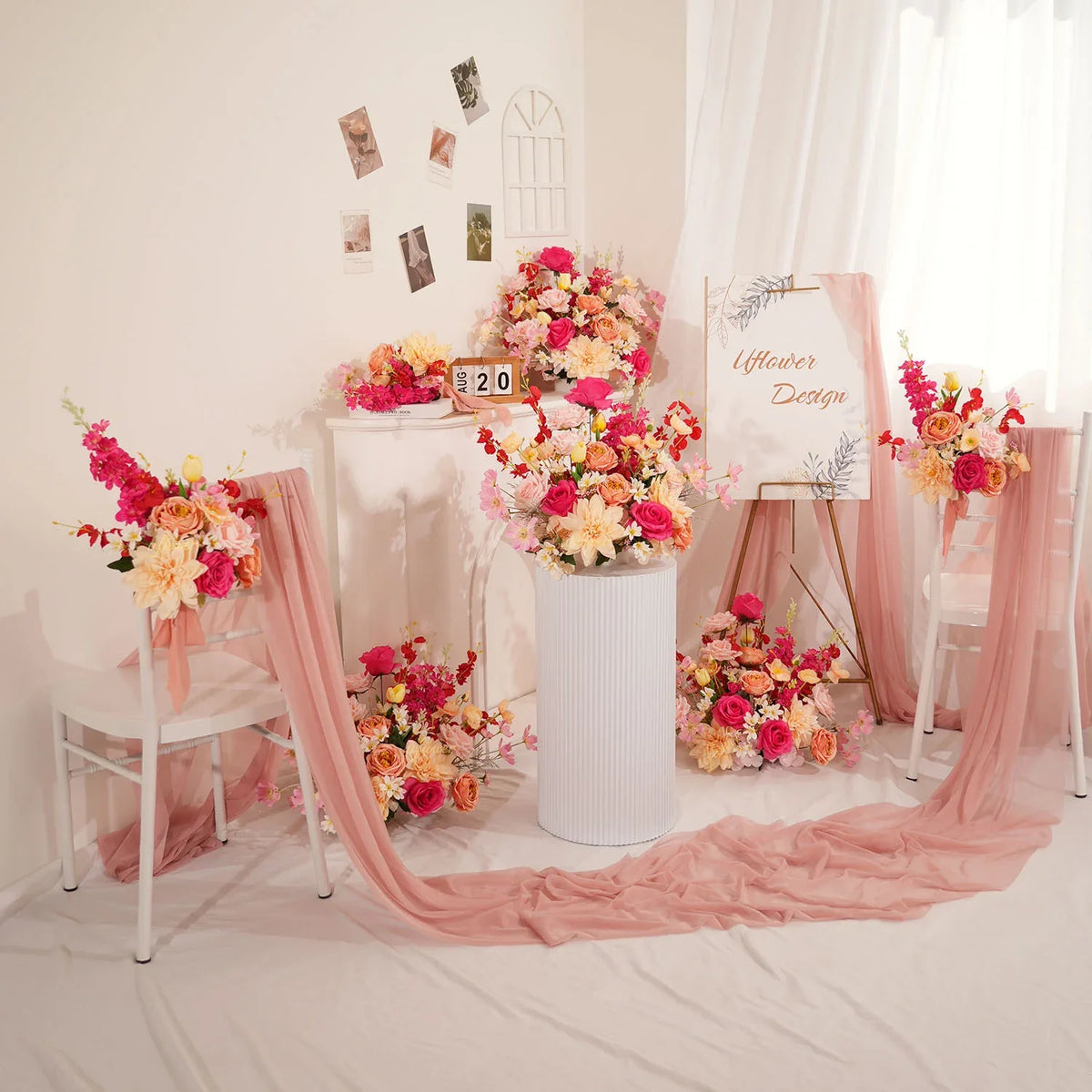 Uflower Champagne Pink Flower Arrangement Wedding Party Backdrop Floral Props SET80176-01 - Uflower