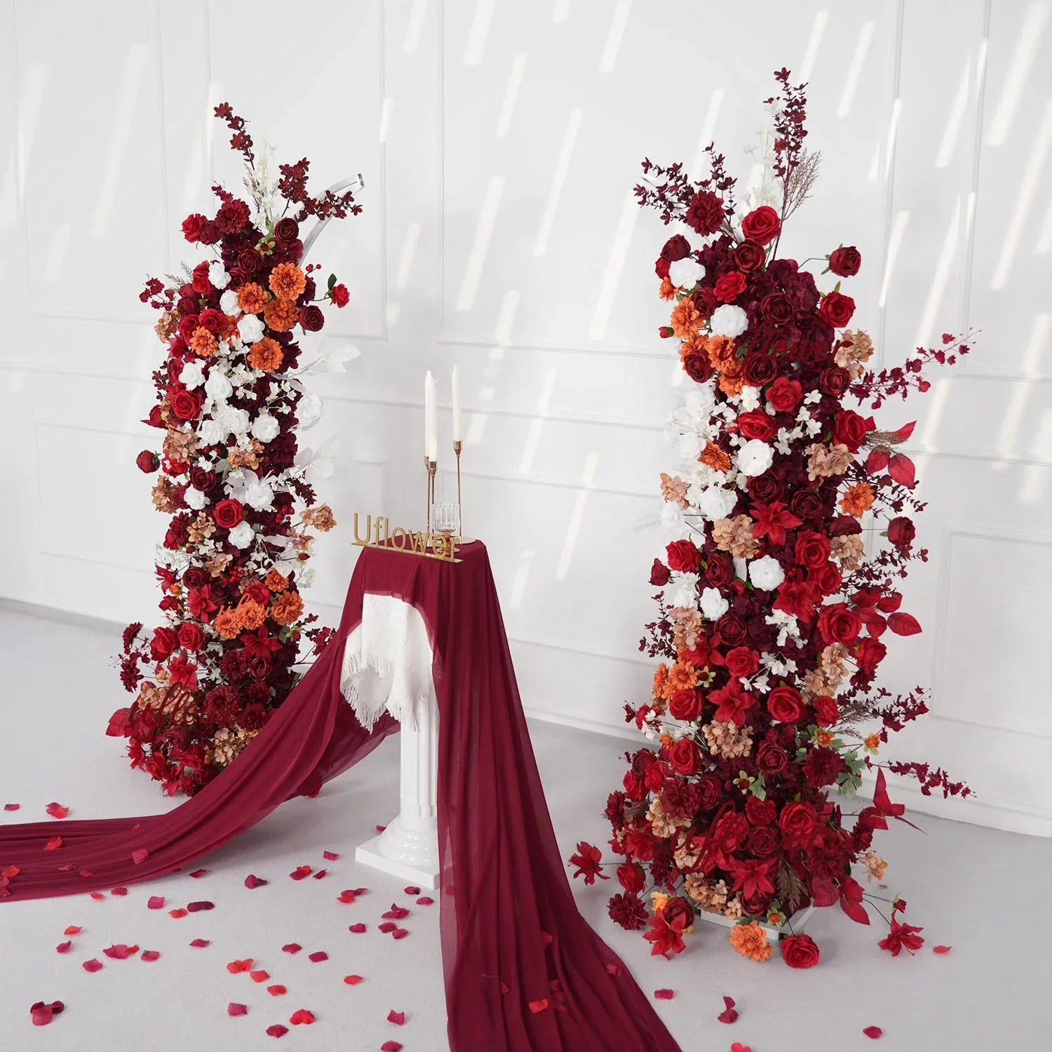 Uflower Autumn Red Rose Floral Horn Arch Wedding Party Backdrop Decor SET80134 - Uflower