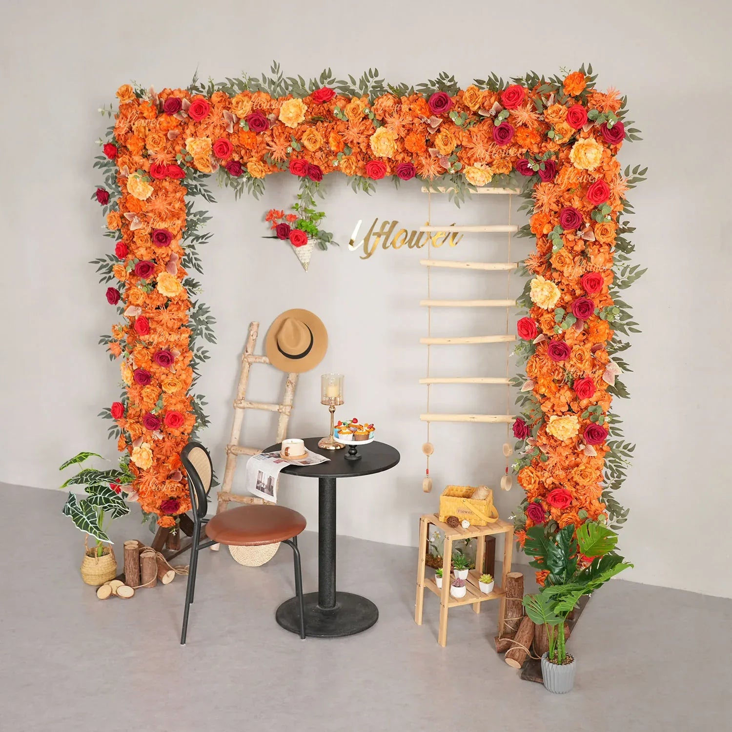 Uflower Orange Red Rose Floral Square Arch Wedding Party Ceremony Backdrop Decor SET80194 - Uflower