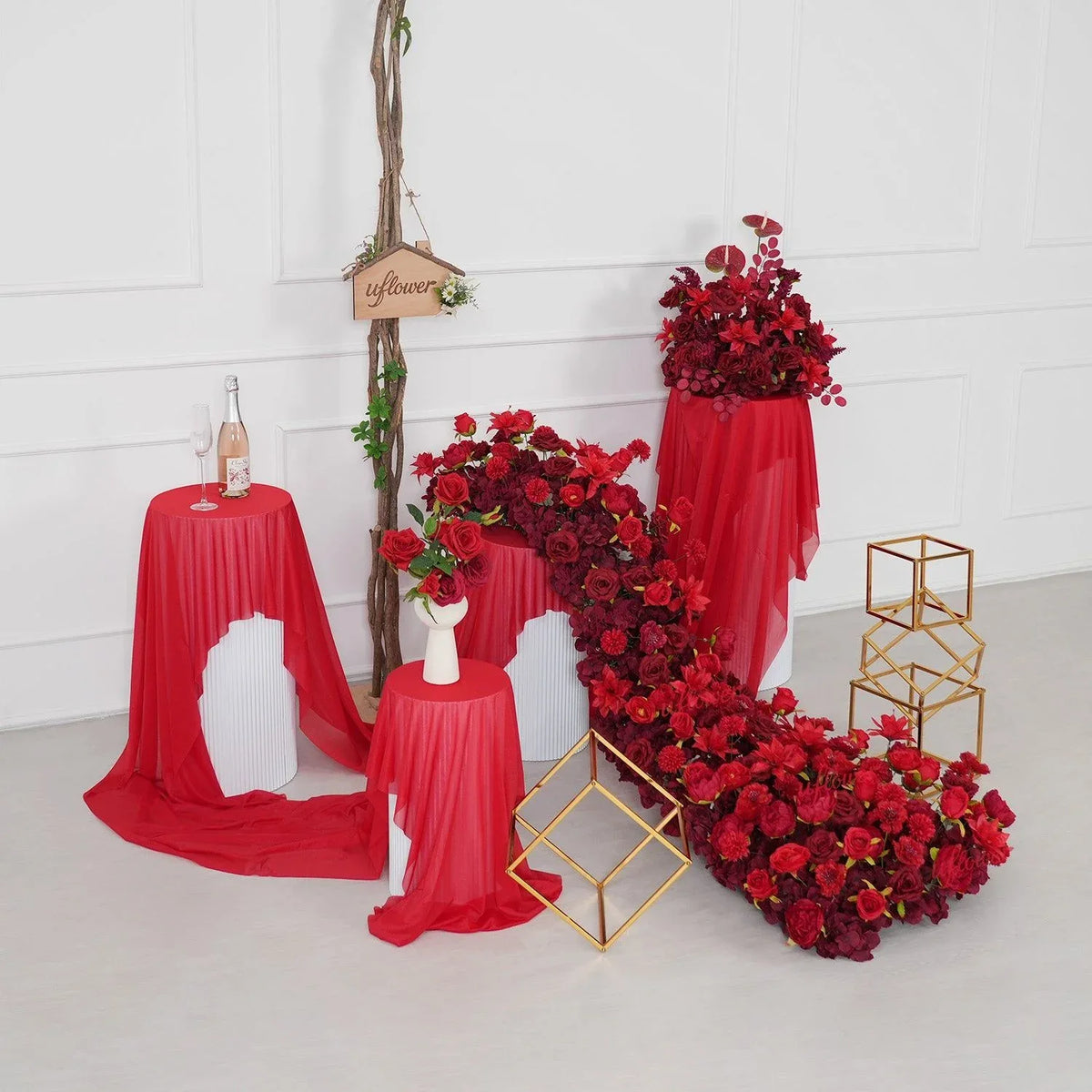 Uflower Dark Red Rose Flower Row Decor KT Board Wedding Arrangement Props SET80210 - Uflower