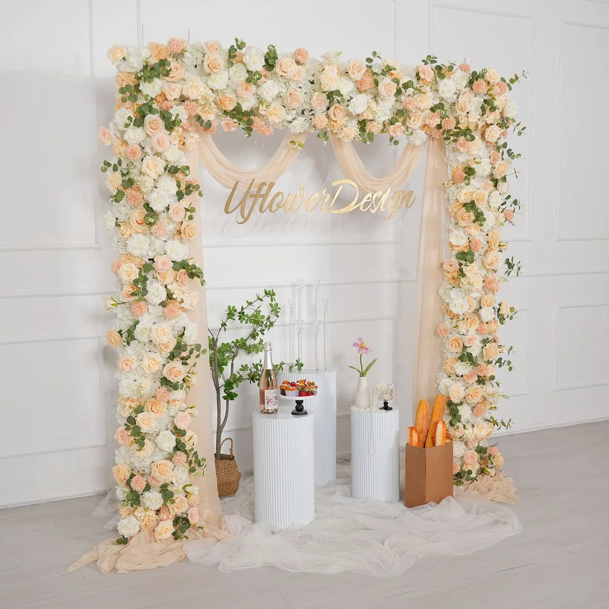 Uflower Champagne Rose Floral Square Arch Wedding Party Backdrop Decoration SET80173 - Uflower