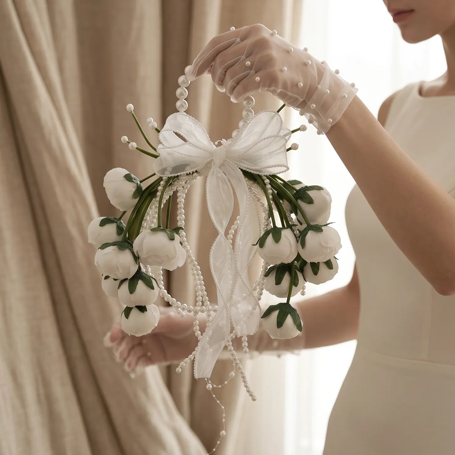 Uflower Wedding Handheld Pearl Floral Wreath