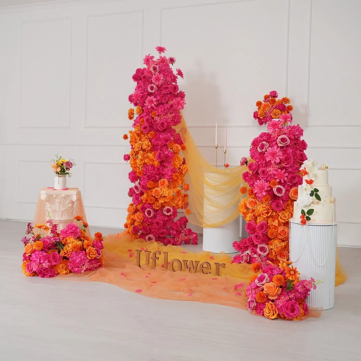 Uflower Rose Red Orange Flower Wedding Backdrop Arch Floral Arrangement SET80202 - Uflower