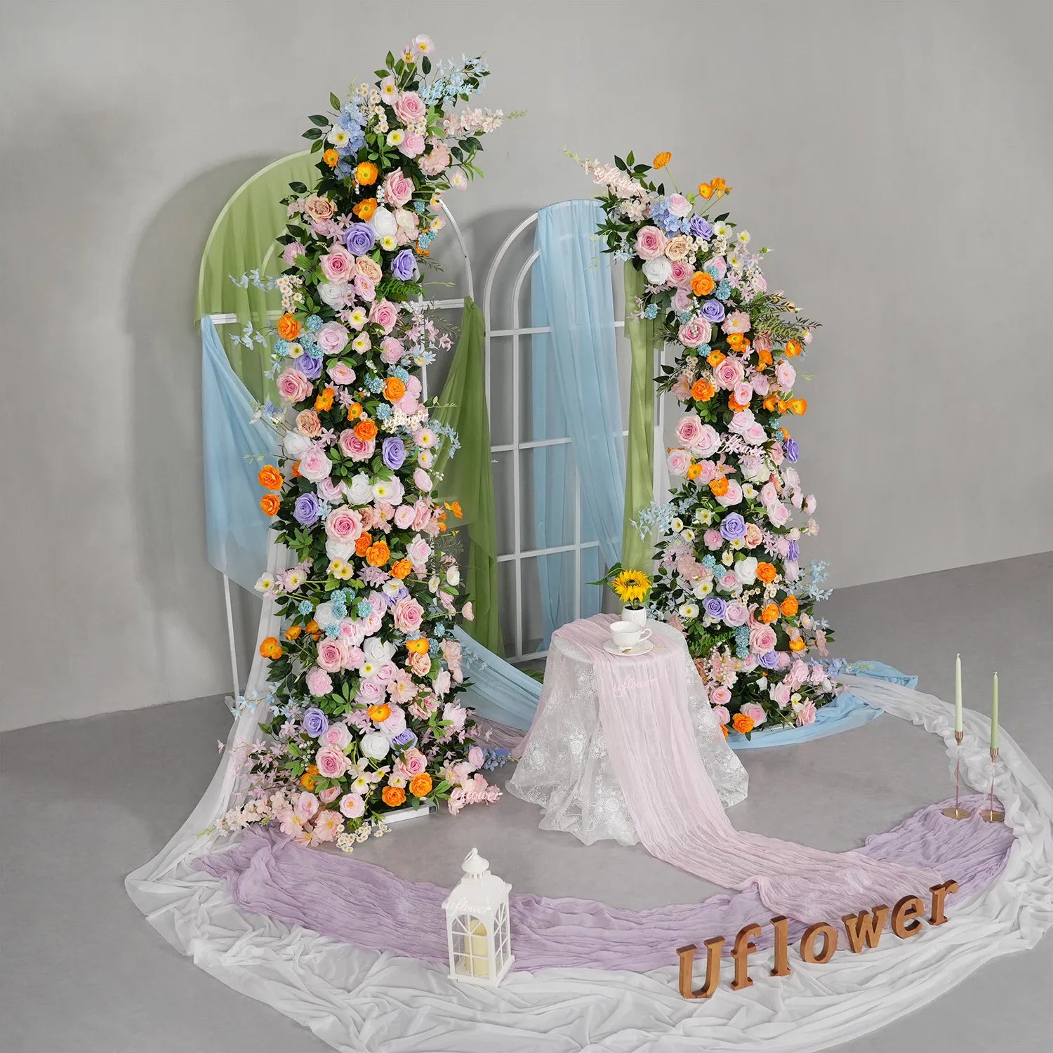 Uflower Pink Orange Greenery Floral Horn Arch Wedding Party Backdrop Decor SET80234