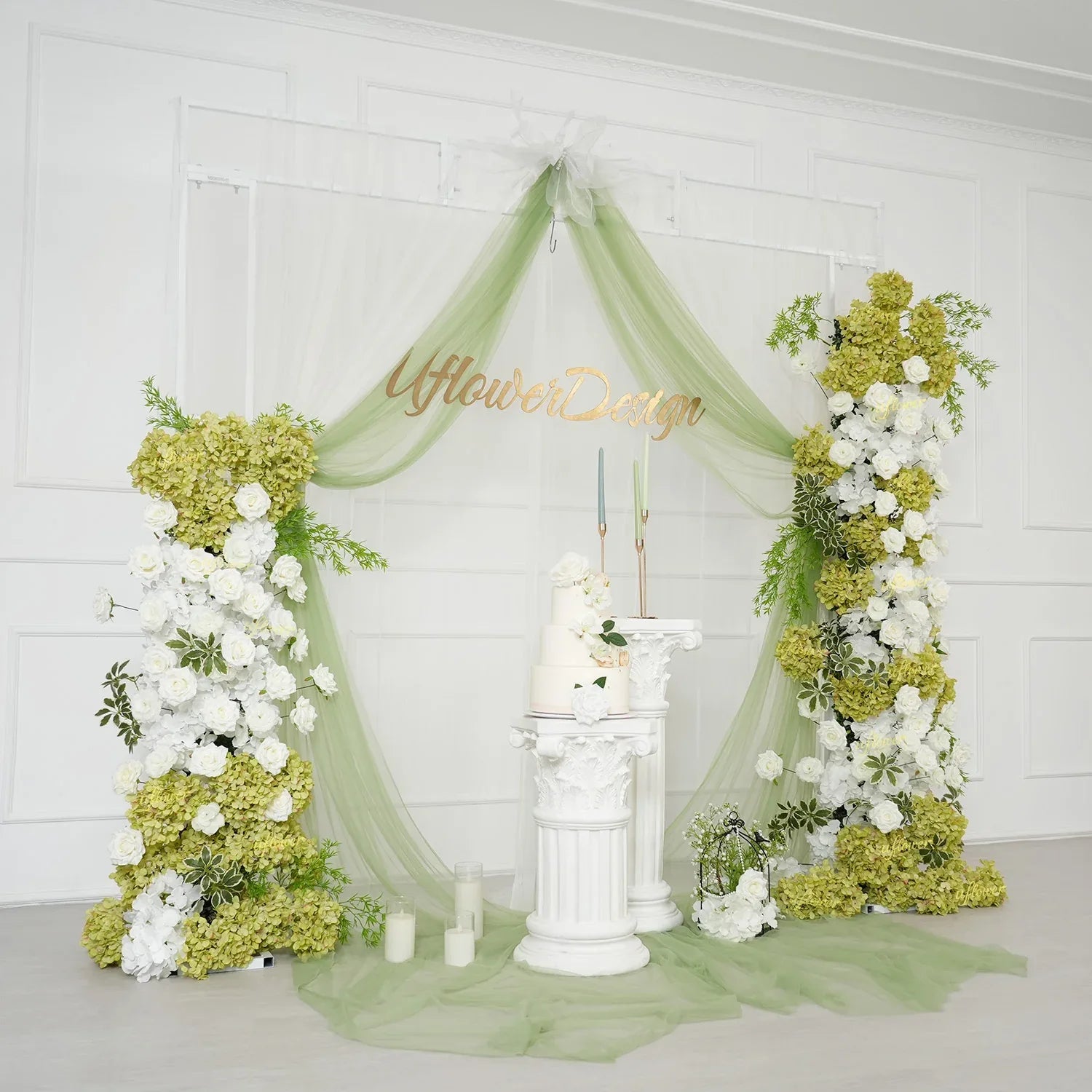 Uflower Artificial Green White Hydrangea Rose Flower Row Wedding KT Backdrop Decor SET80205 - Uflower