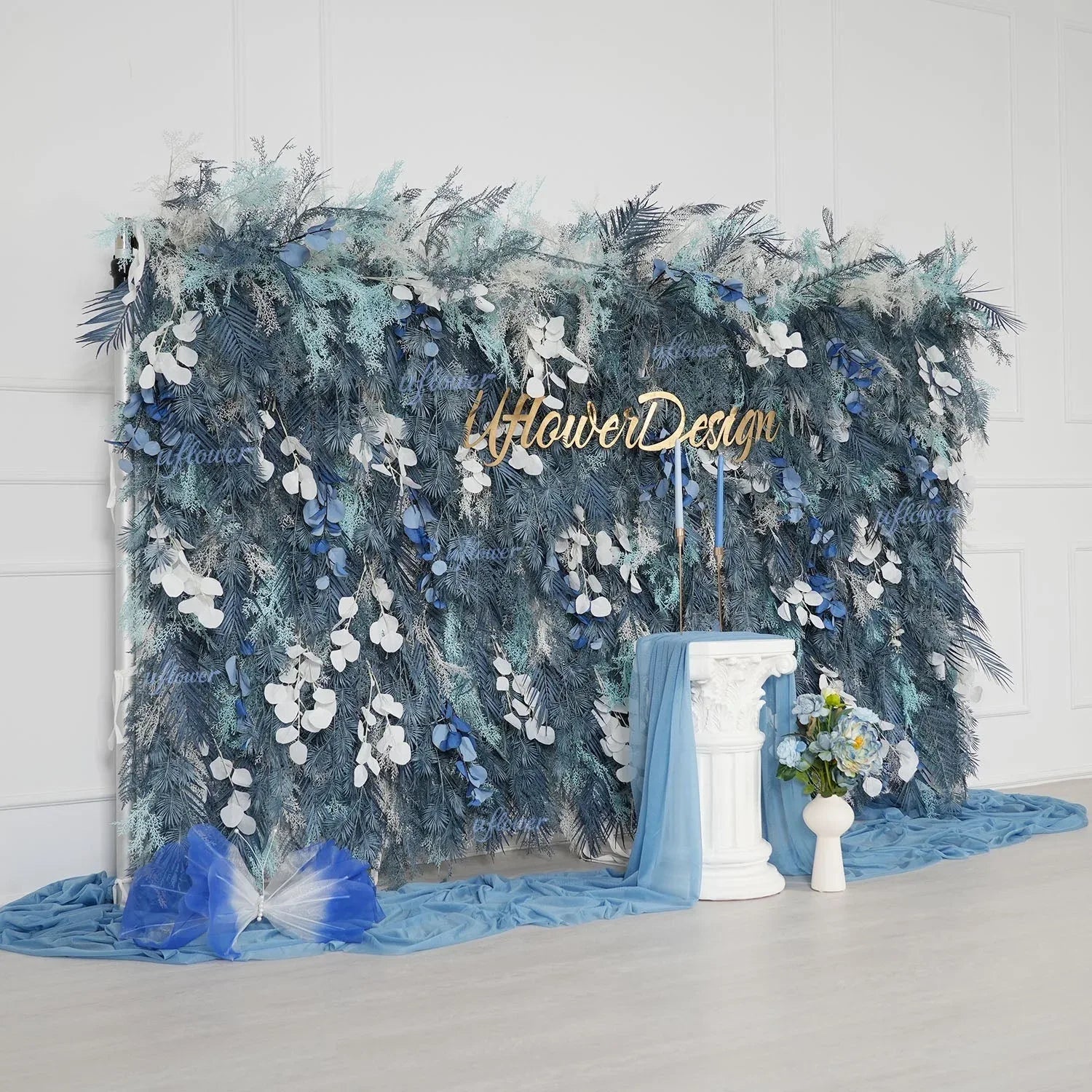 Uflower Flower Wall Mist-Blue Leaves Floral Backdrop Wedding Party Proposal Decor SET80182 - Uflower