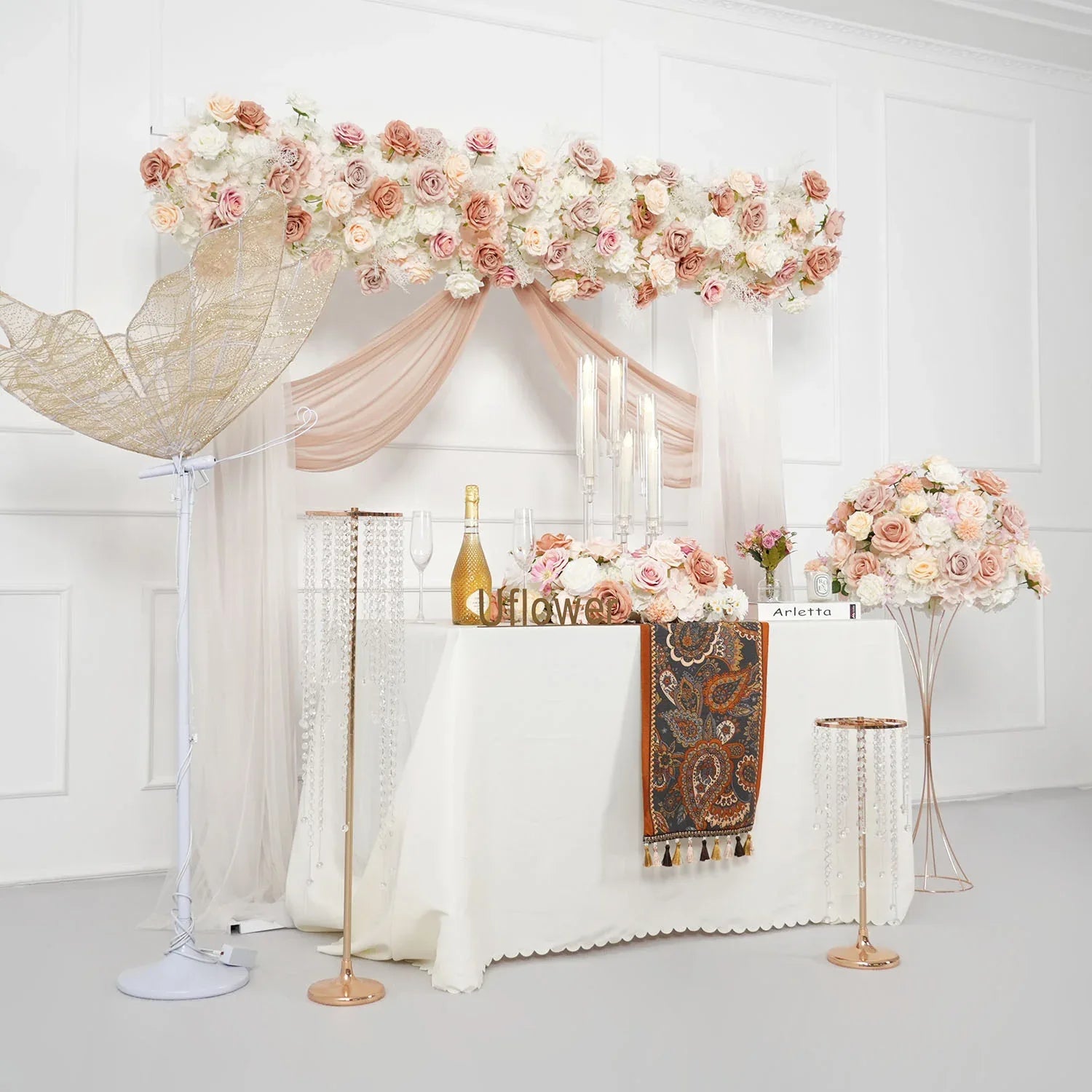 Uflower Champagne Pink Rose Arrangement Wedding Backdrop Floral Props SET80151 - Uflower