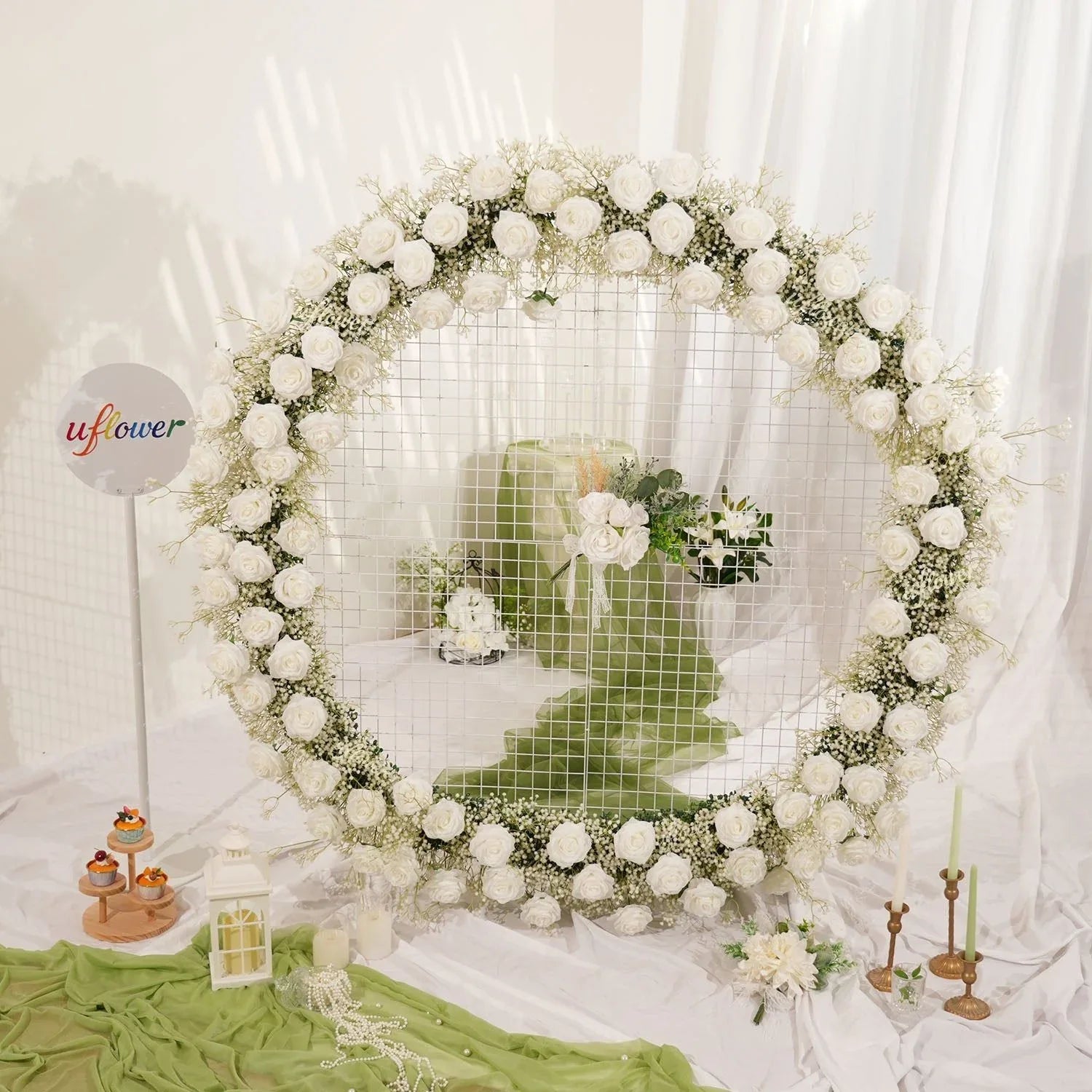 Uflower Baby's Breath Flower Arrangement Table Runner Round Arch SET80167 - Uflower
