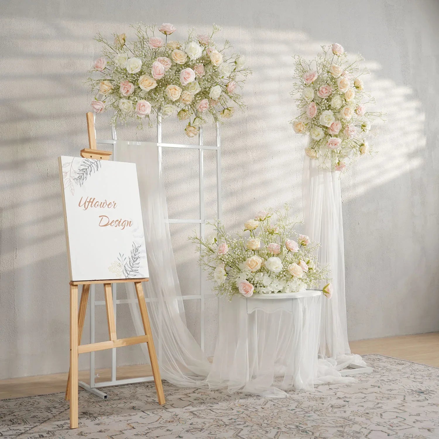 Uflower Champagne White Babysbreath Rose Arrangement Wedding KT Backdrop Decor SET80131 - Uflower